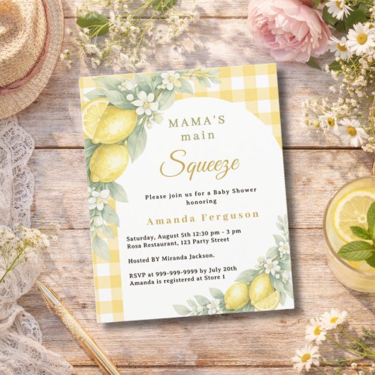 レモンギンガムのメインスクイーズ ベイビーシャワーの招待状