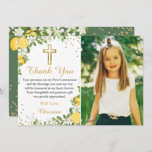 レモングリーナリー金ゴールドクロスファースト・コミュニオンフォト サンキューカード (正面/裏面)