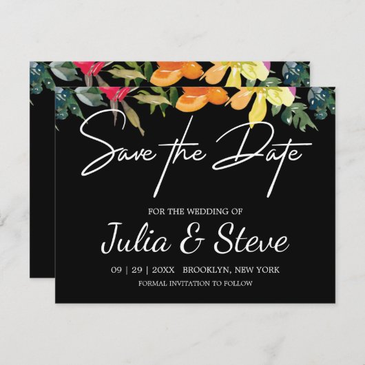 レモングリーンフローラウェディング日付カードを保存 (正面/裏面)