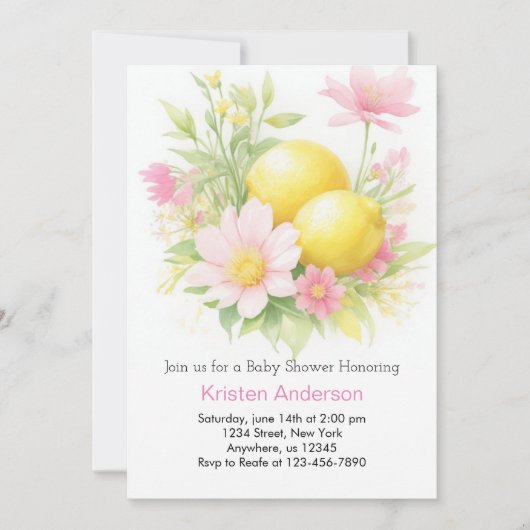 レモングローブアドベンチャー待ち女の子ベビーシャワー 招待状 (正面)