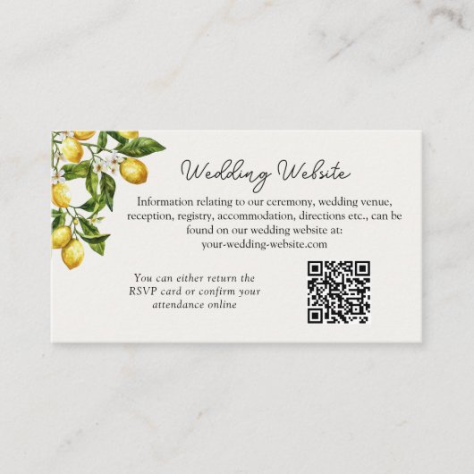 レモングローブイタリアンカントリーテーマ結婚のウェブサイト エンクロージャーカード (正面)