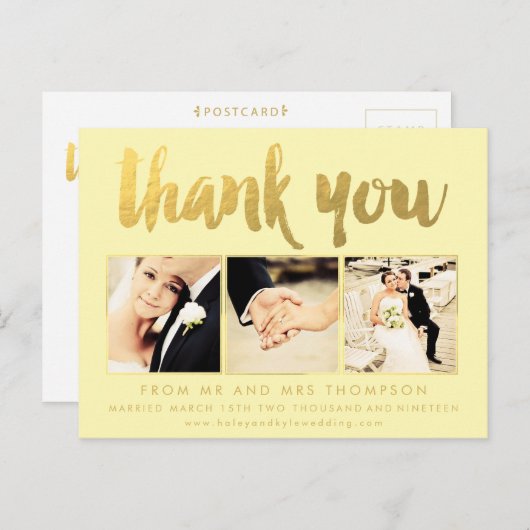レモンゴールドフォイルありがとうスクリプトタイポグラフィ写真 ポストカード (正面/裏面)