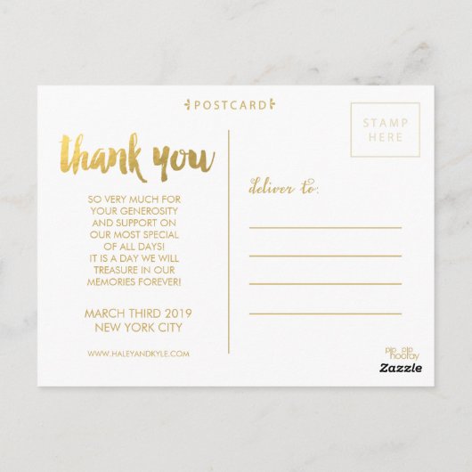 レモンゴールドフォイルありがとうスクリプトタイポグラフィ写真 ポストカード (裏面)