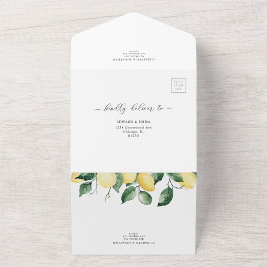 レモンサマーフルーツイエロー結婚ズ詳細RSVP オールインワン招待状 (外側)