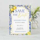 レモンサマー地中海のウェディングの日付を保存 招待状 (スタンド正面)