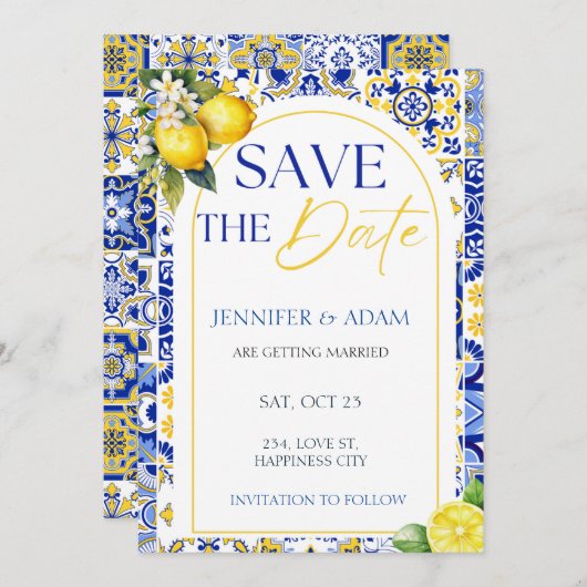 レモンサマー地中海のウェディングの日付を保存 招待状 (正面/裏面)