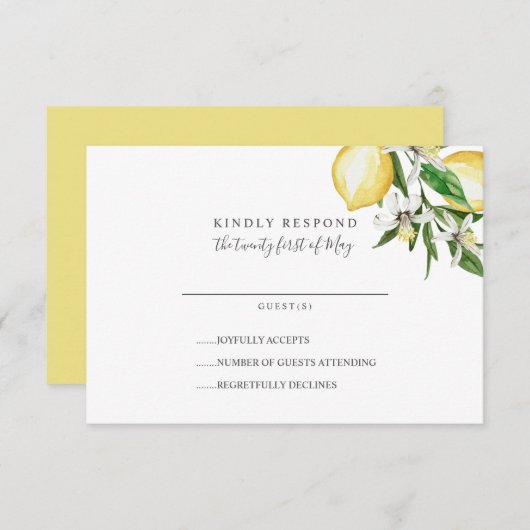 レモンシトラスと離れ黄色のウェディングRSVP 出欠カード (正面/裏面)
