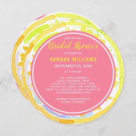 レモンシトラスウォーターカラーピンクブライダルシャワー招待状 招待状 (正面/裏面)