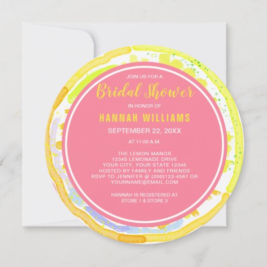 レモンシトラスウォーターカラーピンクブライダルシャワー招待状 招待状 (正面)