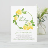 レモンシトラスグリーングレイストライプユニセックスベビーシャワー 招待状 (スタンド正面)