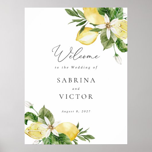 レモンシトラスグリーンリー結婚フローラのウェルカムサイン ポスター (正面)