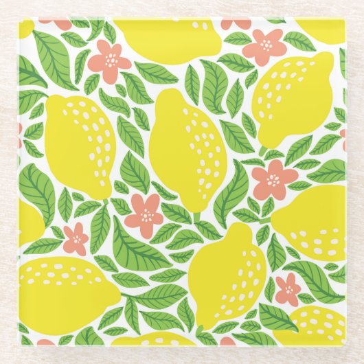 レモンシトラスサマーヴィンテージ模様 ガラスコースター (正面)