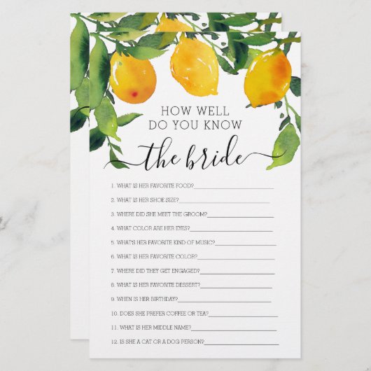レモンシトラスダブルサイドブライダルシャワーゲーム (正面/裏面)