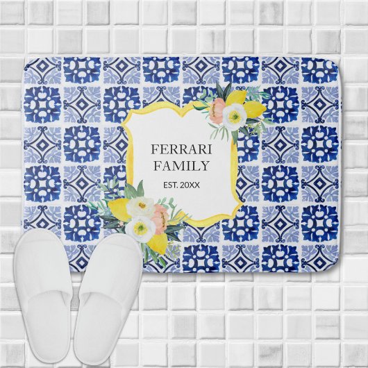 レモンシトラスネイビーブルーイタリアン地中海の バスマット