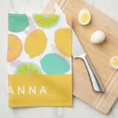 レモンシトラスパターンティール(緑がかった色)イエローパーソナライズされた キッチンタオル (四つ折り)