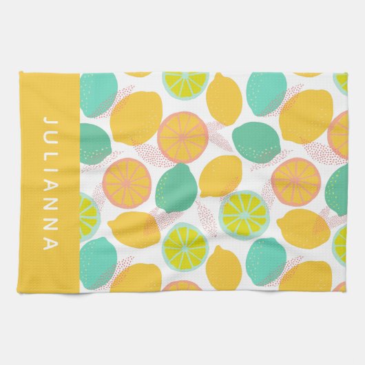 レモンシトラスパターンティール(緑がかった色)イエローパーソナライズされた キッチンタオル (横)