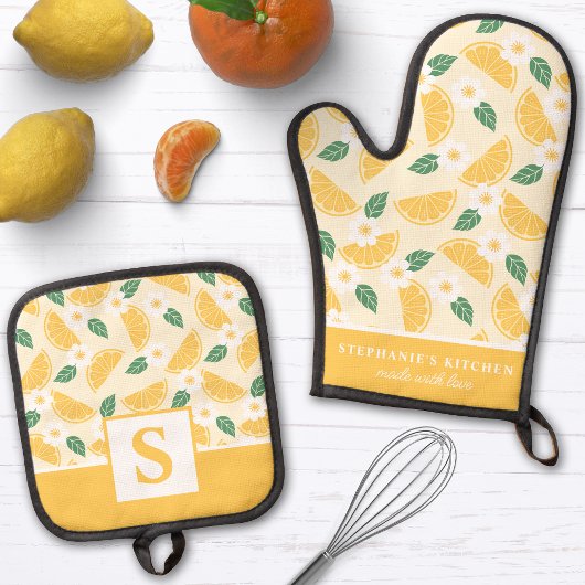 レモンシトラスフローラかわいいモノグラムの夏 鍋つかみ&鍋敷きセット