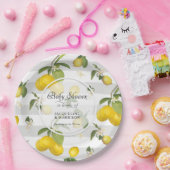 レモンシトラスフローラの葉ホワイトnグレーストライプ ペーパープレート (パーティー)