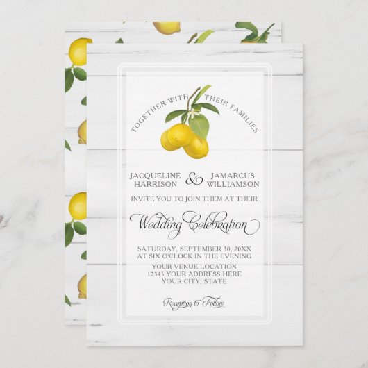 レモンシトラスフローライエローホワイトグレーウッド結婚ズ 招待状 (正面/裏面)