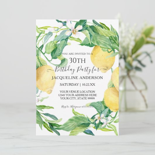 レモンシトラスフローラリーフ水彩30歳の誕生日 招待状 (スタンド正面)