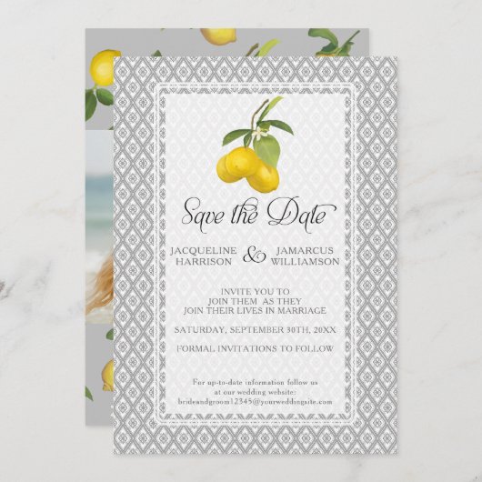 レモンシトラスフローラ葉グレーイエローフォト セーブザデート (正面/裏面)