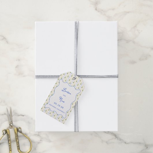 レモンシトラスブルーとイエロ地中海のーズ結婚 ギフトタグ (より糸付き)