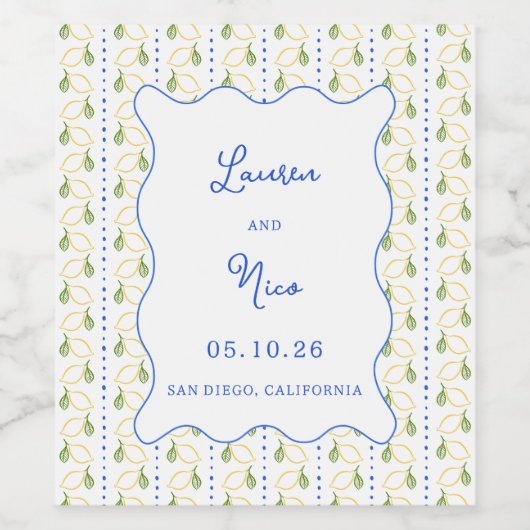 レモンシトラスブルーとイエロ地中海のーズ結婚 ワインラベル (シングルラベル)