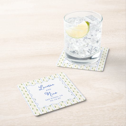 レモンシトラスブルー&イエローアマルフィカスタムウェディング スクエアペーパーコースター (インサイチュ)