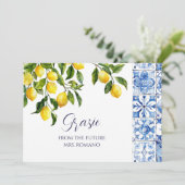 レモンシトラスポジターノブルータイルブライダルシャワー サンキューカード (スタンド正面)