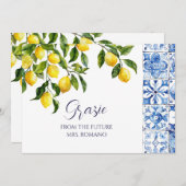 レモンシトラスポジターノブルータイルブライダルシャワー サンキューカード (正面/裏面)