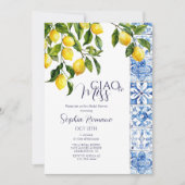 レモンシトラスポジターノブルータイルブライダルシャワー 招待状 (正面)