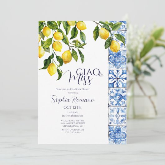 レモンシトラスポジターノブルータイルブライダルシャワー 招待状 (スタンド正面)