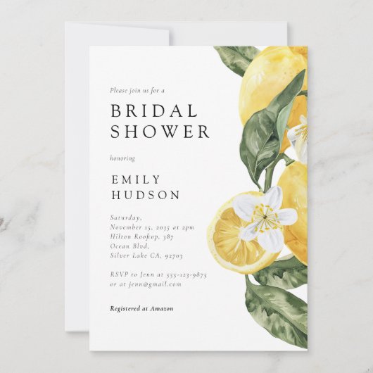 レモンシトラスメインスクイーズブライダルシャワー 招待状 (正面)