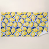 レモンシトラス地中海のブルーホワイトタイル ビーチタオル (正面)