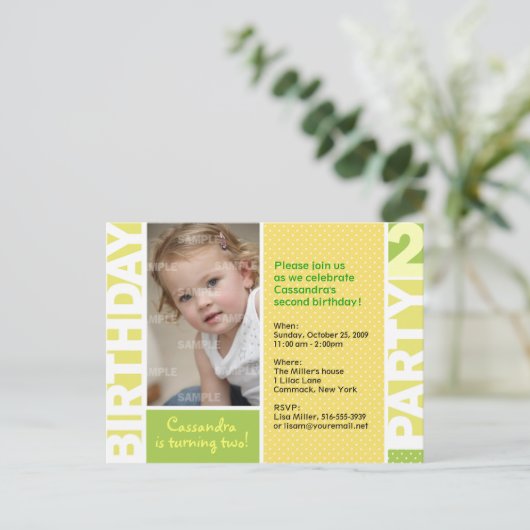 レモンシトラス水玉模様2nd誕生日はがき インビテーションポストカード (スタンド正面)