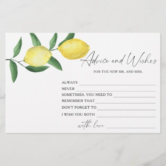 レモンシトラス – ブライダルシャワーアドバイスとウィッシュ 便箋 (正面)