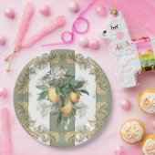 レモンシトラス |緑と白ストライプのエレガント ペーパープレート (パーティー)