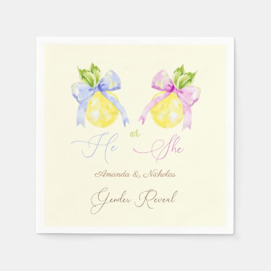 レモンジェンダーがピンクブルーボウを明らかにする スタンダードカクテルナプキン (正面)