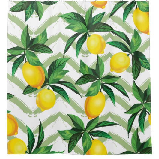 レモンジグザグ：ヴィンテージの手描きパターン。 シャワーカーテン (正面)