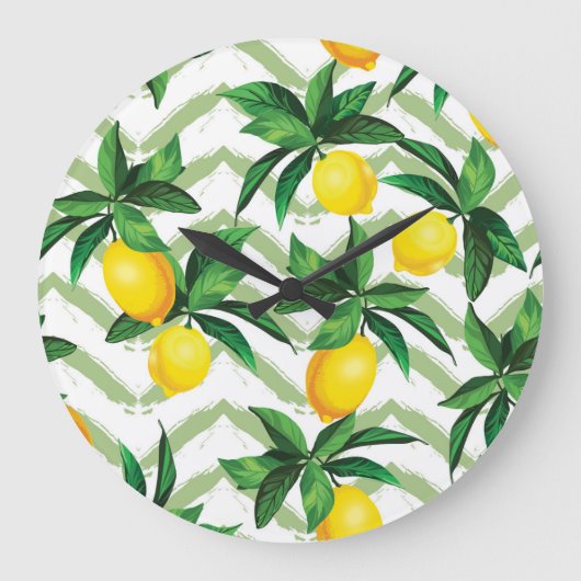 レモンジグザグ：ヴィンテージの手描きパターン。 ラージ壁時計 (正面)