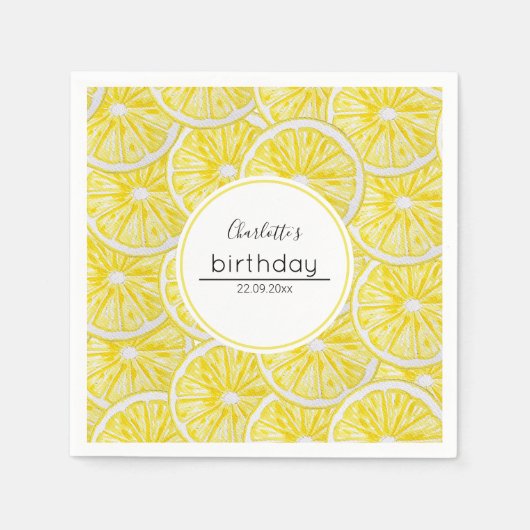 レモンスライスウォーターカラーアートパターン スタンダードカクテルナプキン (正面)