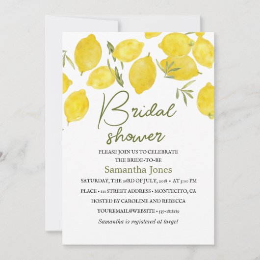 レモンズオリーブ枝イエロー素朴ブライダルシャワー 招待状 (正面)