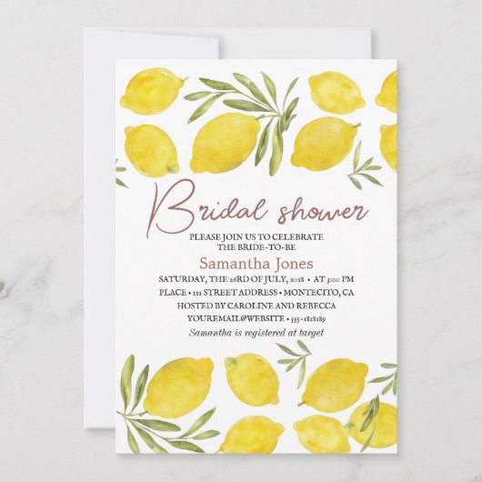 レモンズオリーブ枝イエロー素朴ブライダルシャワー 招待状 (正面)