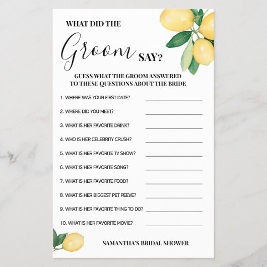 レモンズグルーマーが言ったブライダルシャワーゲームカード チラシ (正面)