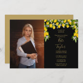 レモンズブラックと金ゴールド卒業パーティーの写真 招待状 (正面/裏面)