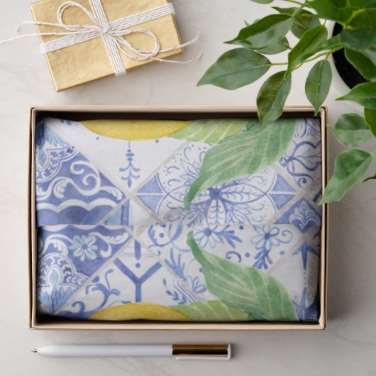 レモンズブルーホワイトタイルファームハウス素朴デコップページ 薄葉紙 (ギフト)