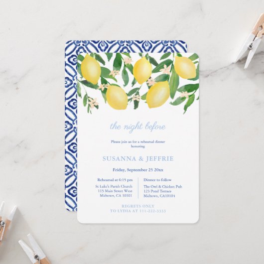 レモンズブルーホワイトタイル結婚ズリハーサルディナー 招待状 (正面/裏面インサイチュ)