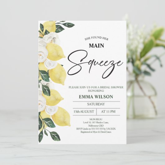 レモンズホワイトフローラメインスクイーズブライダルシャワー 招待状 (スタンド正面)