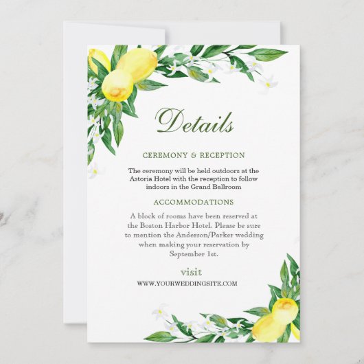 レモンズ結婚式のレセプション詳細エンクロージャカード 招待状 (正面)