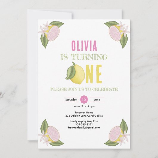 レモンテーマファースト誕生日ガール招待状 招待状 (正面)